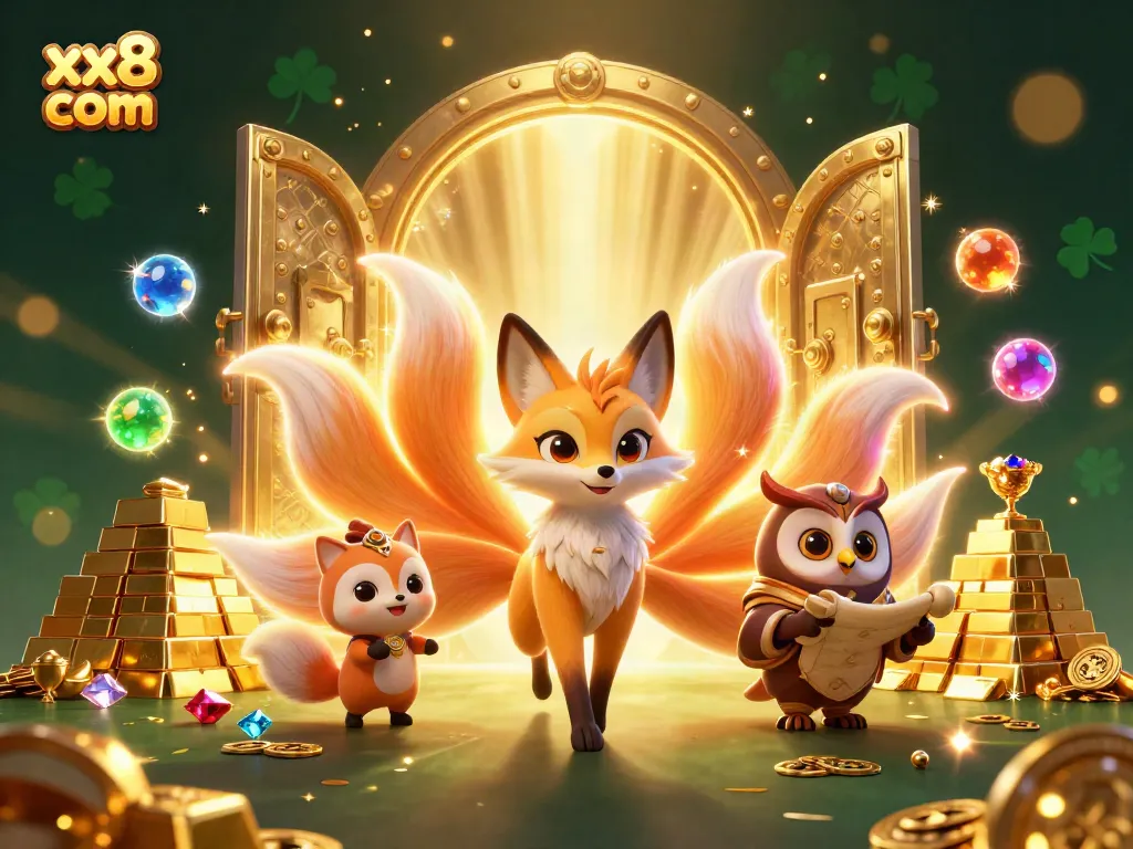 Engage with the thrilling world of xx8 com through vibrant casino spirit graphics showcasing treasure, lucky charms, and spectacular lights.