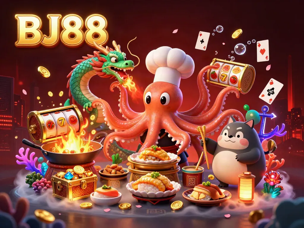 BJ88 attracts players with this vibrant scene featuring casino-themed characters, slot reels, and game elements.