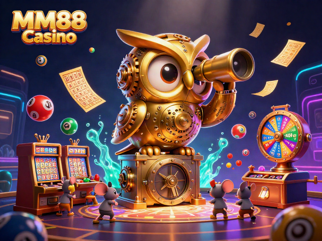 Visit MM88 Casino for thrilling gaming action with a colorful digital illustration of a lively casino scene.