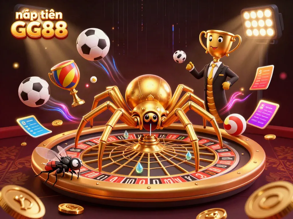 Engage with nạp tiền GG88 through an interactive digital gambling scene featuring a golden spider and sports elements.