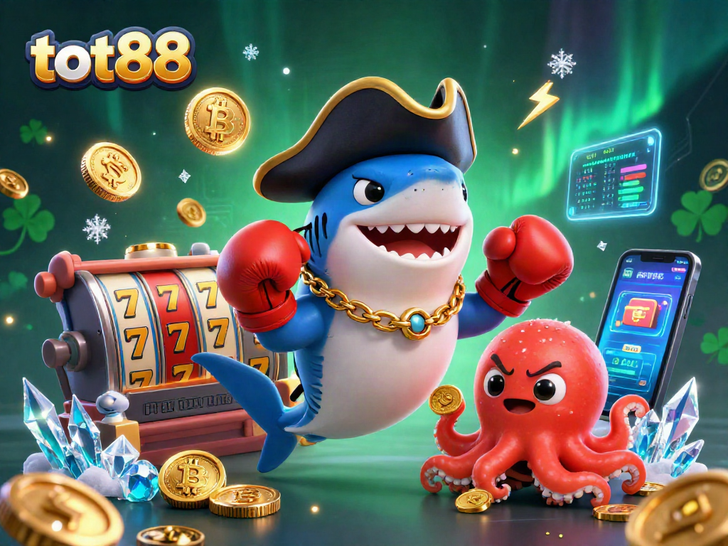 Join the adventure with tot88 featuring a pirate shark, pufferfish, and octopus in a dynamic casino scene!