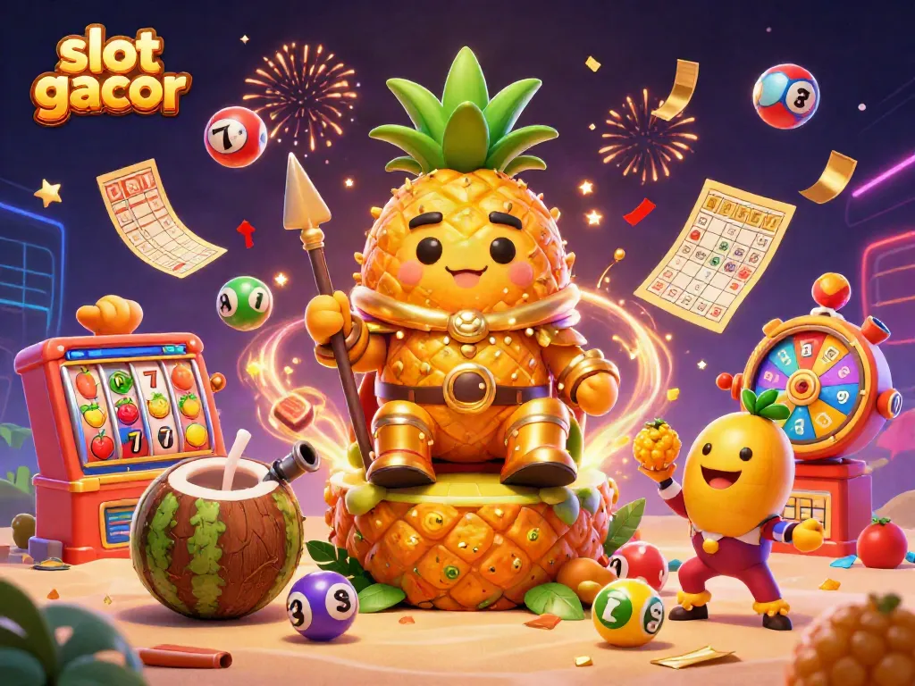 Engage with slot gacor featuring a vibrant 3D illustration of a pineapple king in a casino scene.