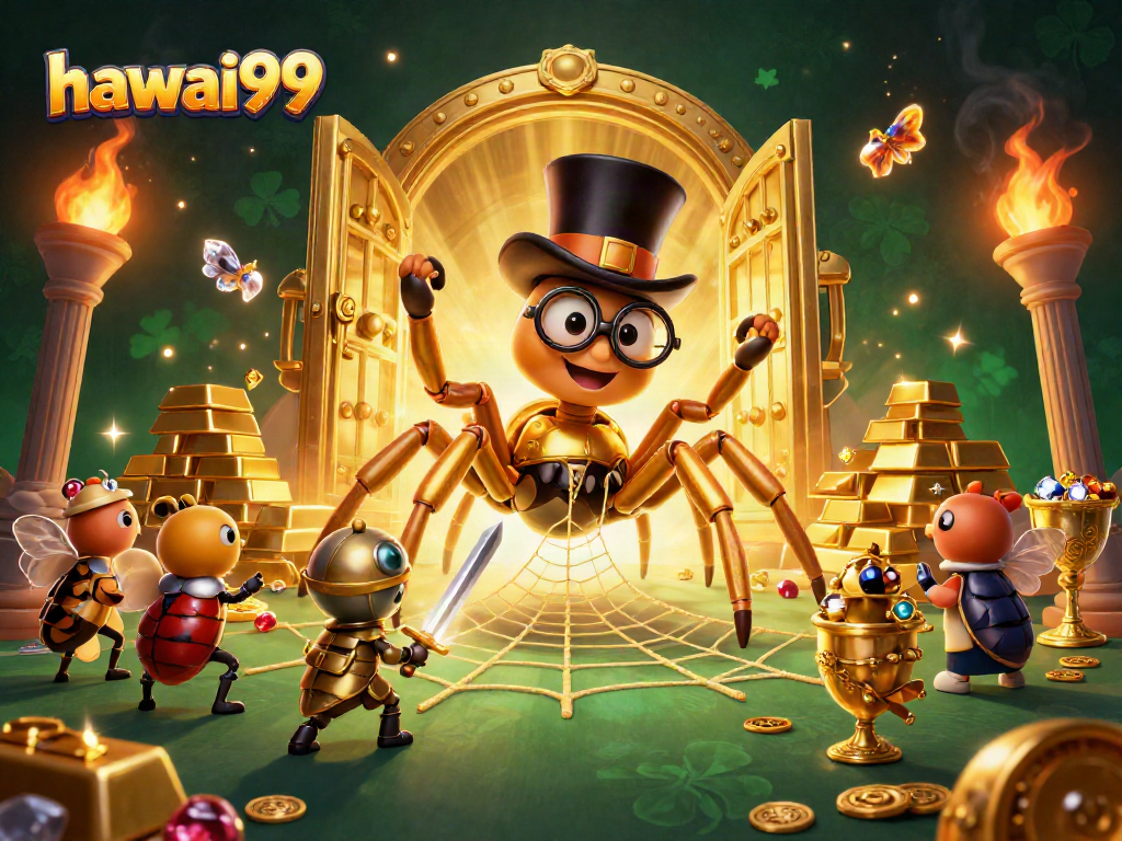 Experience the excitement of hawai99 with a dynamic 3D casino illustration featuring rich treasures and exciting characters.