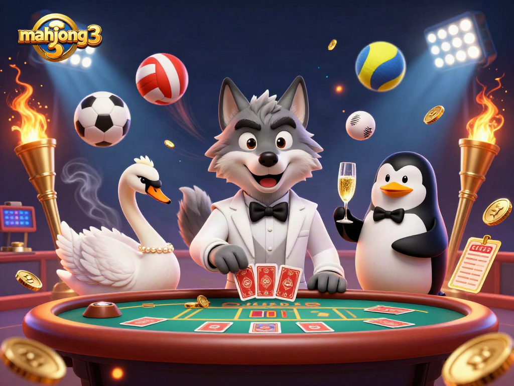 Experience mahjong 3 gameplay with vibrant characters at a baccarat table, with dynamic sports elements.