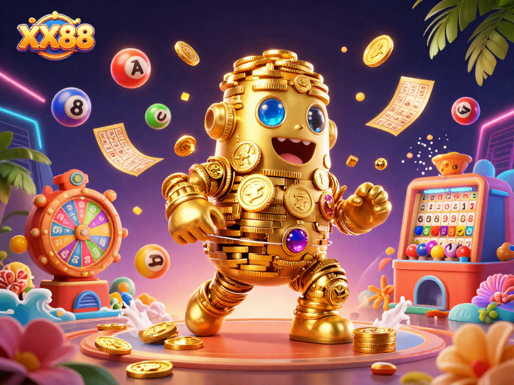 Experience the thrill of XX88 with our colorful lottery-themed casino scene featuring dynamic elements.