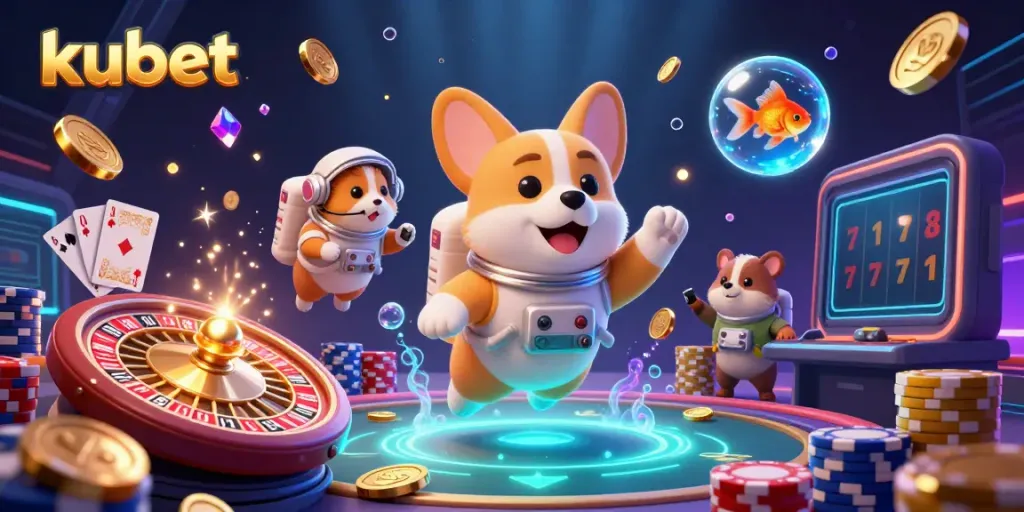 Experience thrilling gameplay at Kubet while a cartoon astronaut corgi navigates a vibrant space casino.