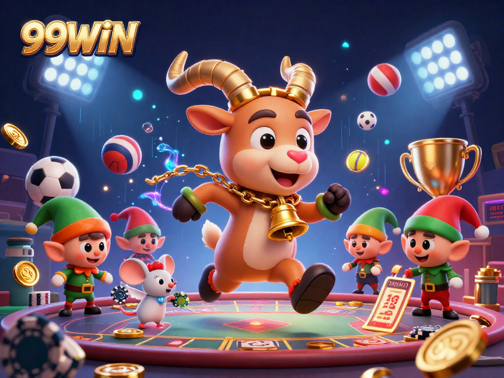 Engage in thrilling 99WIN gaming action as Krampus and friends steal the show in a lively casino scene.