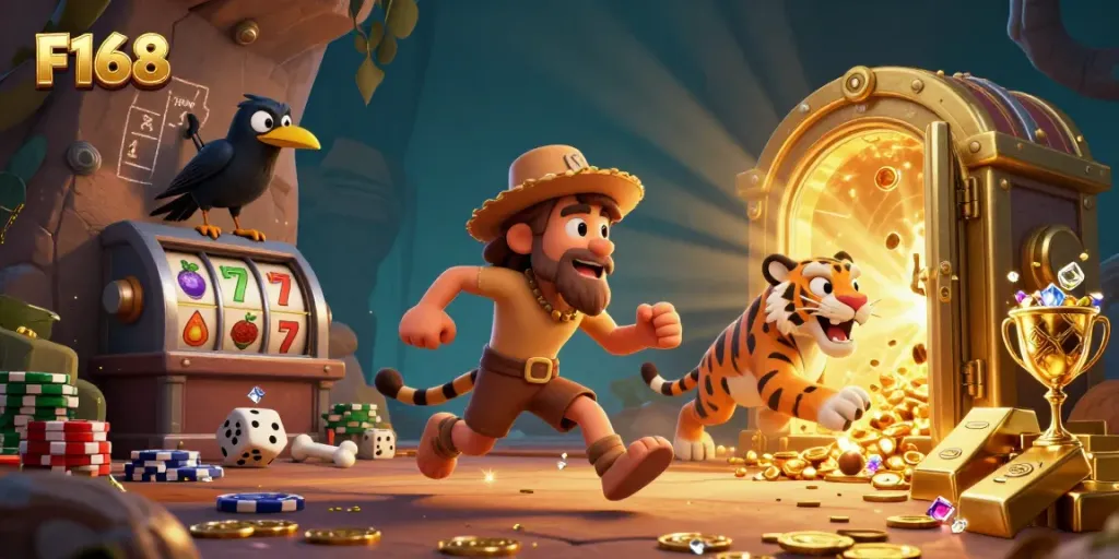 Experience the thrill of F168's prehistoric casino with vibrant characters and dazzling treasures.