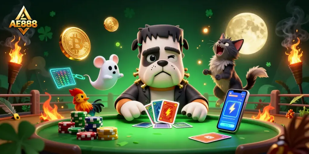 AE888 showcases an energetic scene with a bulldog monster dealing cards amidst glow-in-the-dark crypto coins.