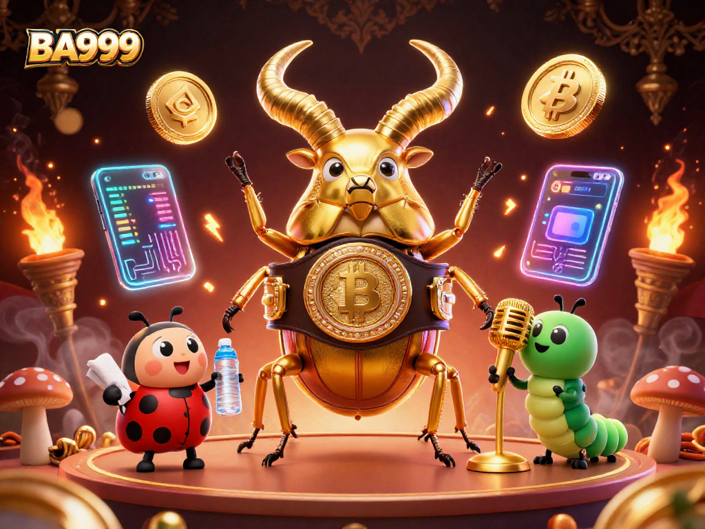 Experience thrilling gaming at BA999 with a dynamic 3D illustration featuring a golden stag beetle and high-energy action.