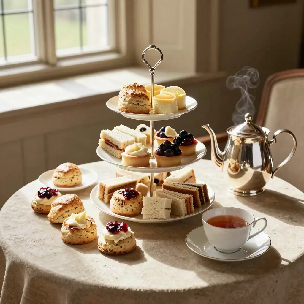 Tiered afternoon tea with scones, cakes, sandwiches and a steaming silver teapot on stone.