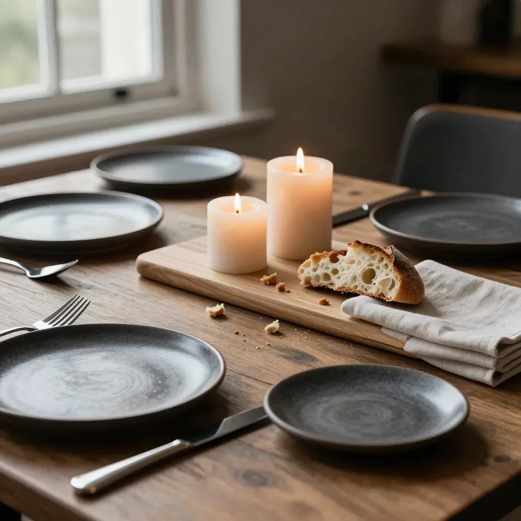 Candlelit mill restaurant tables set with dark ceramics, bread boards and linen napkins by the windows.
