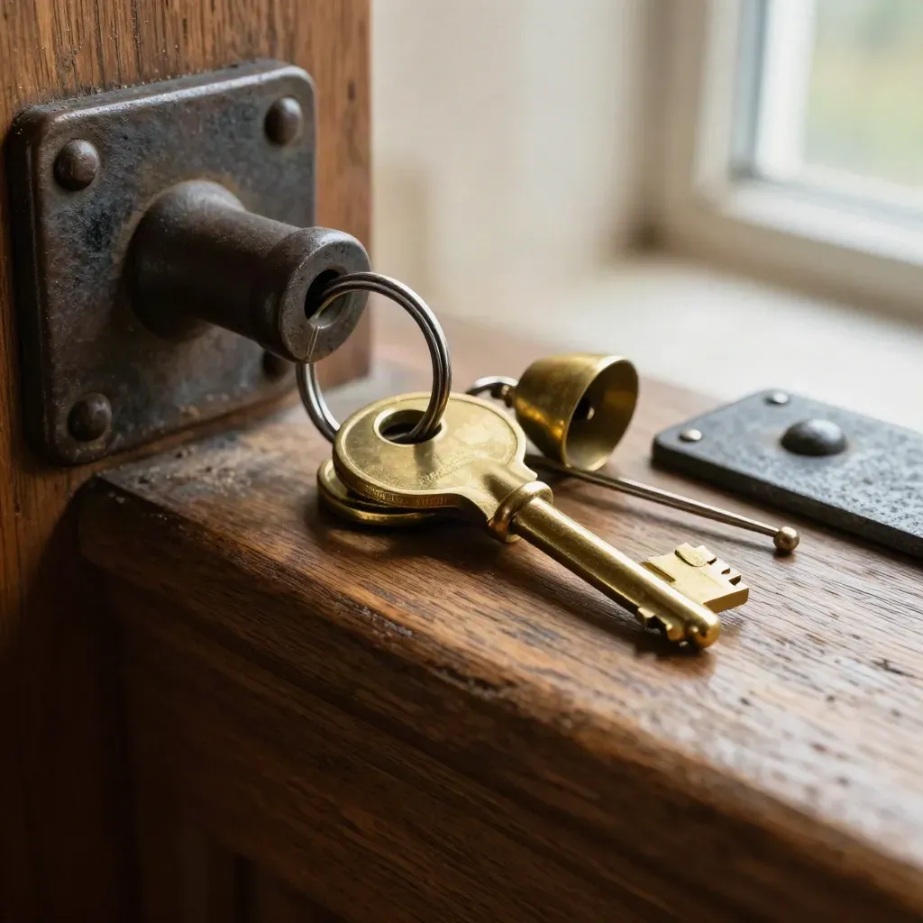 Macro of worn brass keys, bell and closure pins on a dark oak ledge