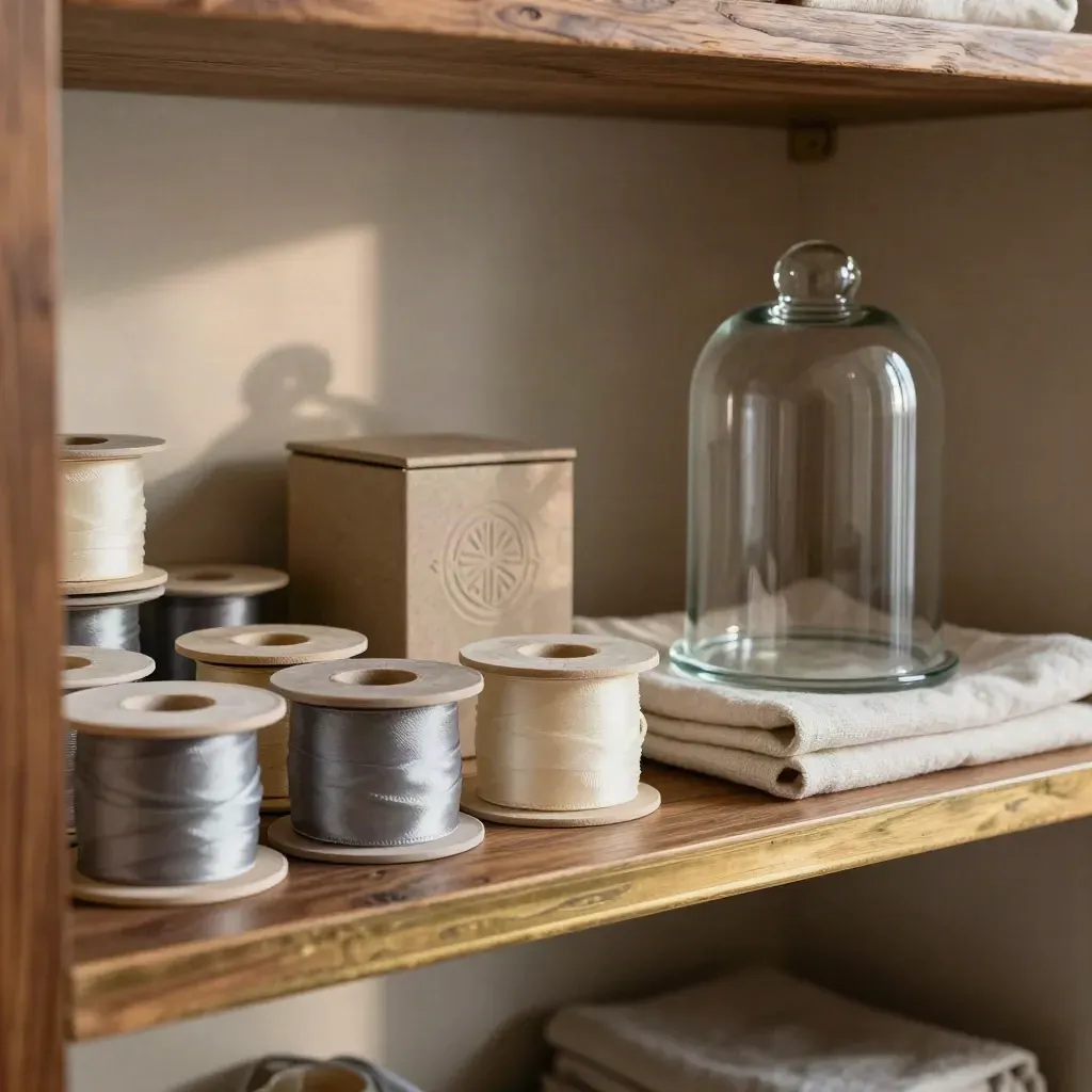 Ribbon spools, candle boxes, and a glass cloche on a linen cupboard shelf in dramatic side light.