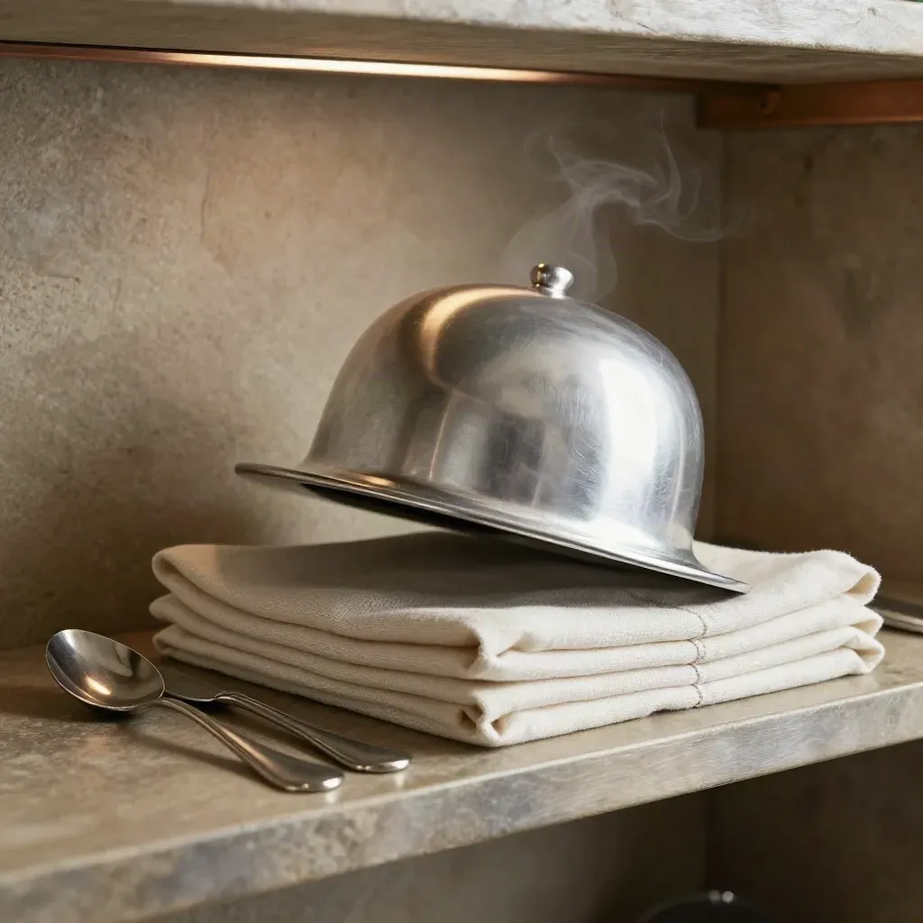 Silver cloche, linen napkins and serving spoons on a pass shelf with steam