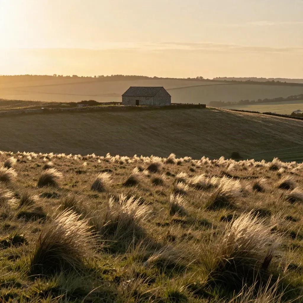 South Downs ridge with a barn silhouette in golden haze over open grassland.