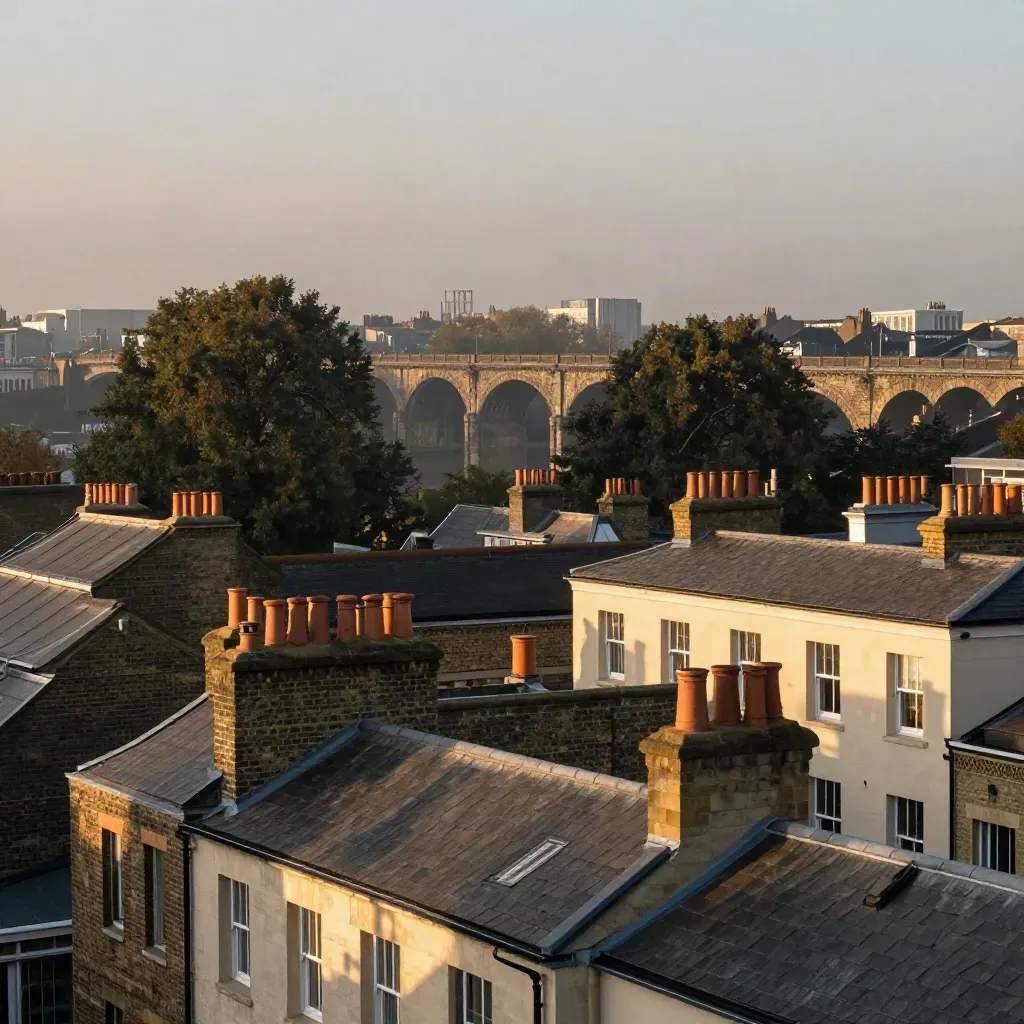 South London rooftops and a brick viaduct under hazy dusk light