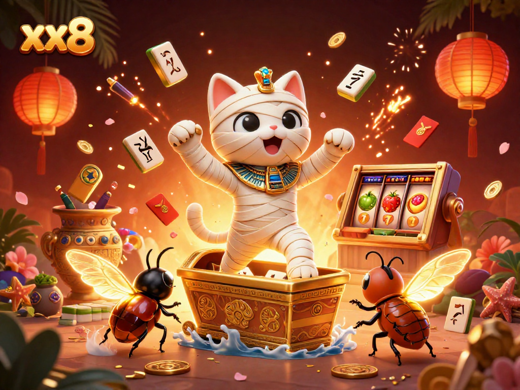 Engage with xx8 in a vibrant casino night scene featuring a mummy cat and golden treasures.