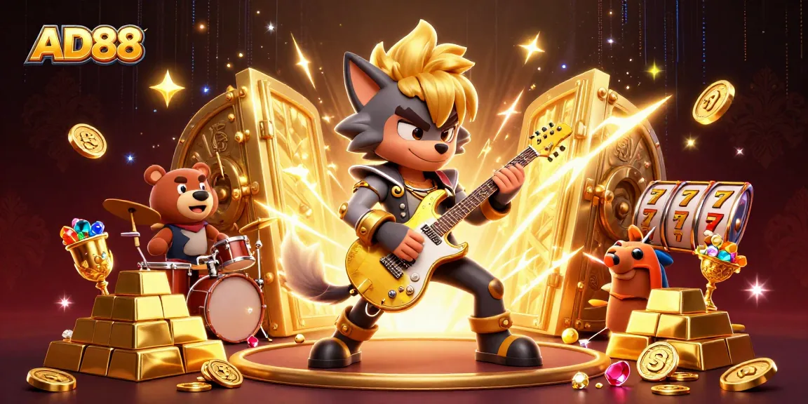 Experience AD88's thrilling casino scene with rock star wolf and drummer bear amid slot reels.