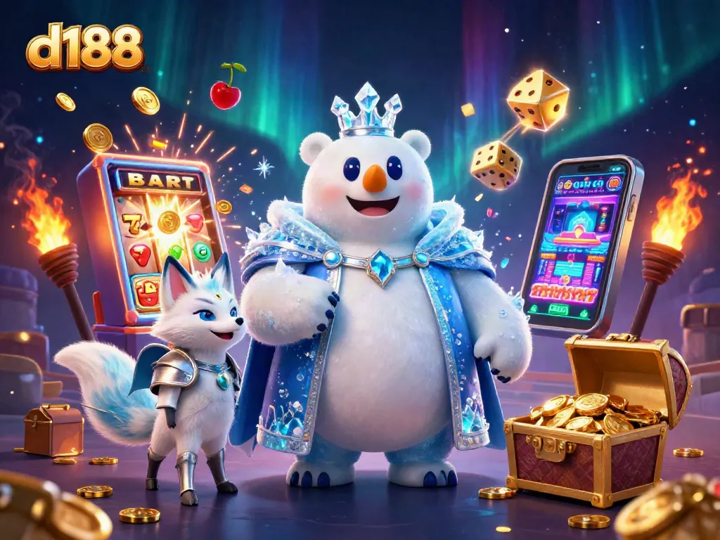 d188 casino illustration showing a polar bear king with a slot machine jackpot explosion.