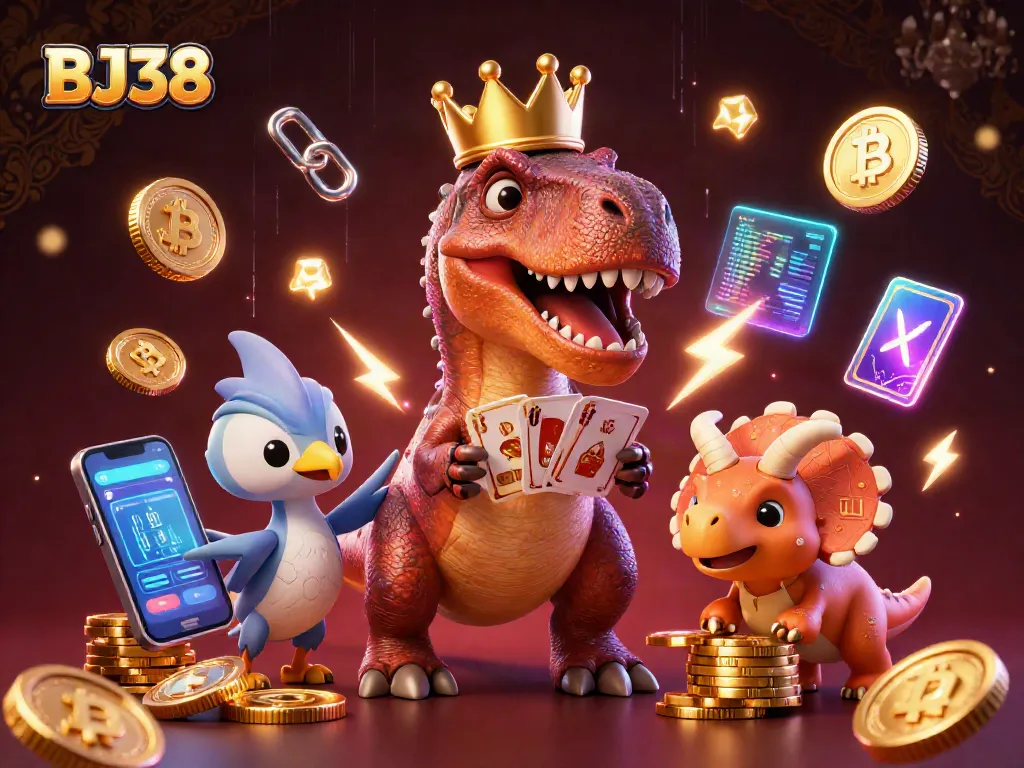 Experience exhilarating gameplay with BJ38 featuring a T-Rex and friends in a vibrant 3D casino scene.
