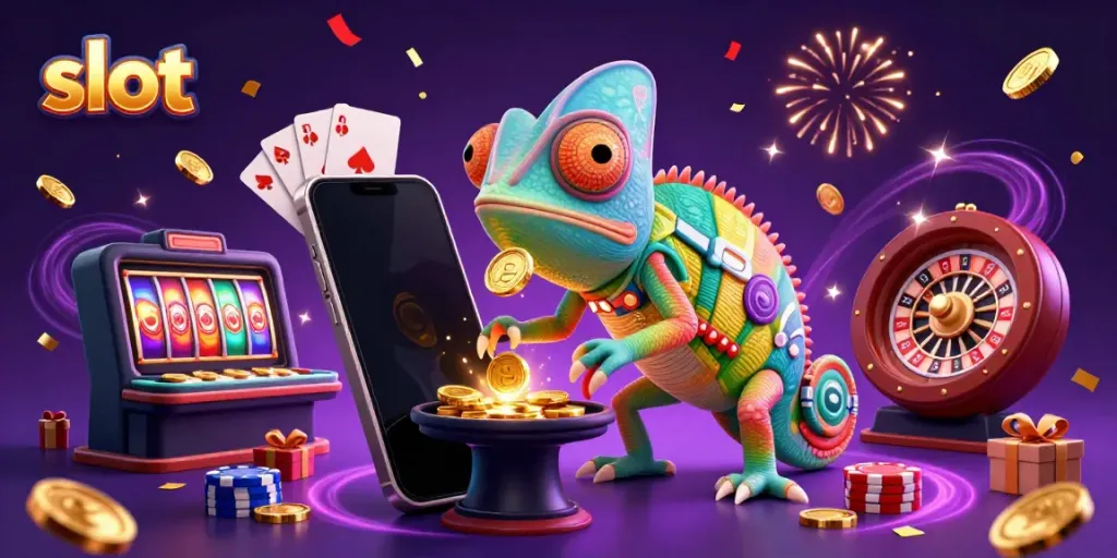 Spin colorful slots with the chameleon casino owner in a vibrant casino scene.