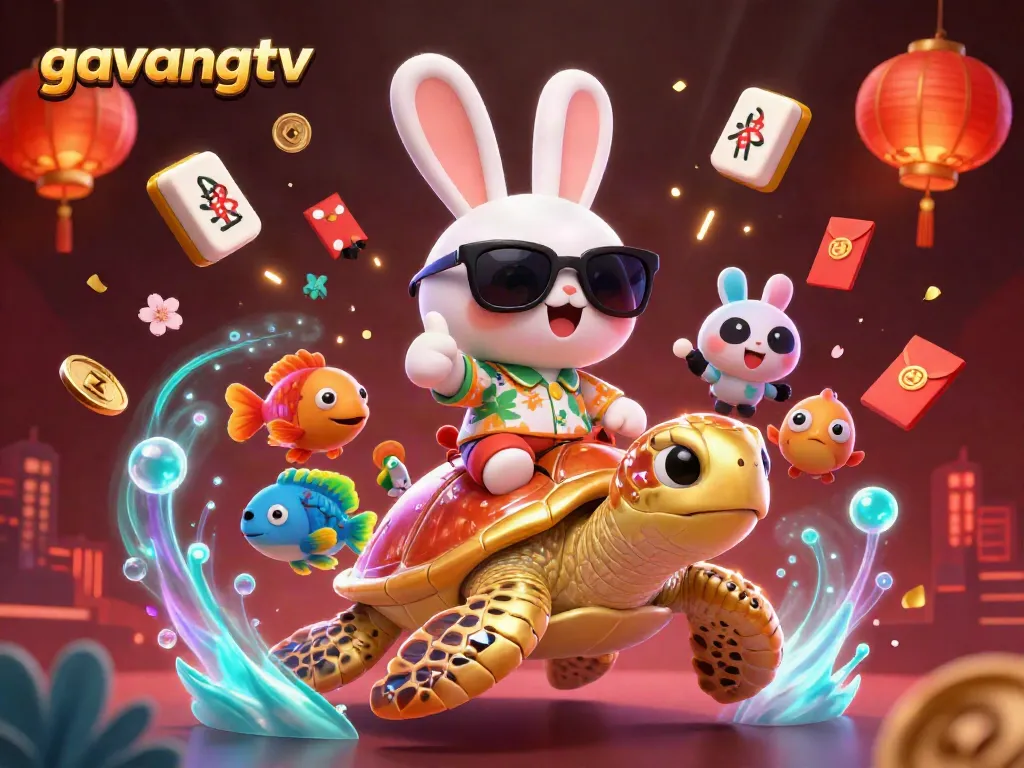 Engage with the excitement of gavangtv, featuring a lucky rabbit and a golden sea turtle amidst vibrant gambling elements.