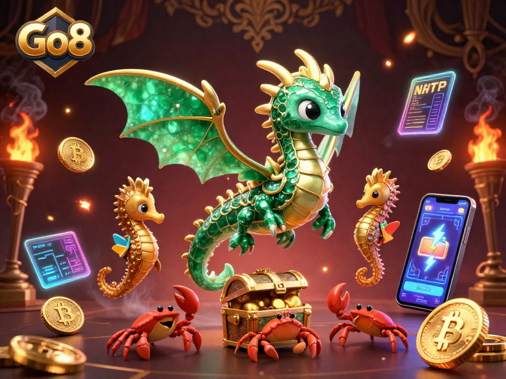 Win big at Go8 with captivating casino-themed treasures surrounded by crypto elements.