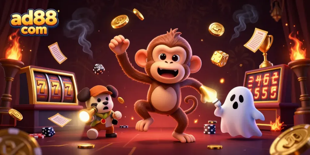 Experience thrilling wins at ad88 com with this vibrant casino illustration featuring exciting games and golden treasures.