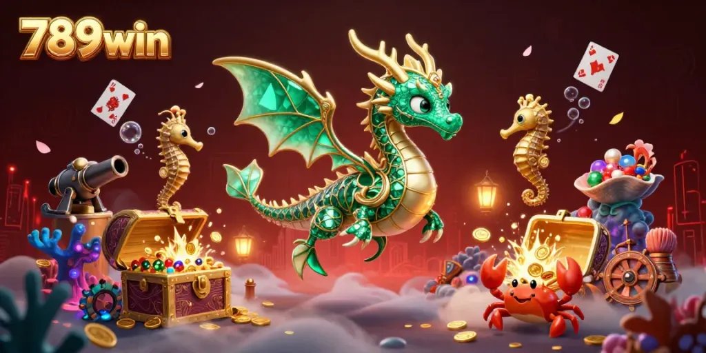Experience thrilling 789win adventures with a vivid scene of a sea dragon and crabs in a dynamic casino setting.