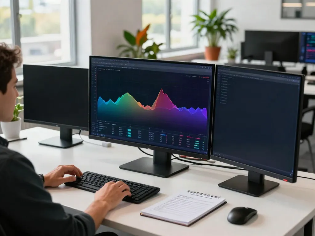 Blockchain asset recovery focused on investment security in a modern crypto trading office with digital wallet apps and trading charts.