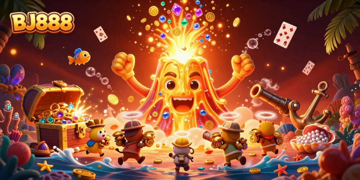 Win big at BJ888 with vibrant treasures and gambling excitement in this stunning 3D illustration.