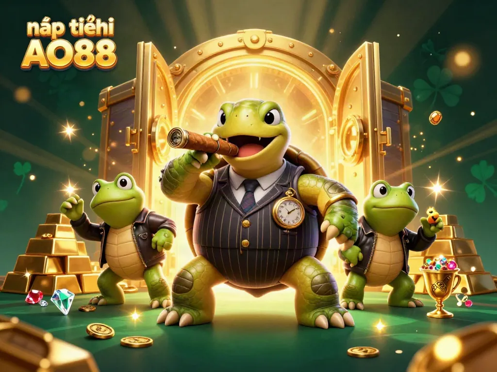 Experience the thrill of nạp tiền AO88 with a vibrant scene of a snapping turtle mobster and bullfrog enforcers amidst treasure.