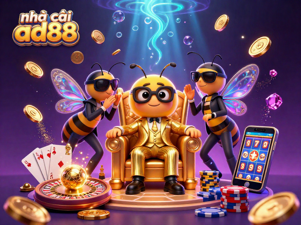 Experience house betting at nhà cái ad88 with a vibrant 3D scene of casino elements and characters.