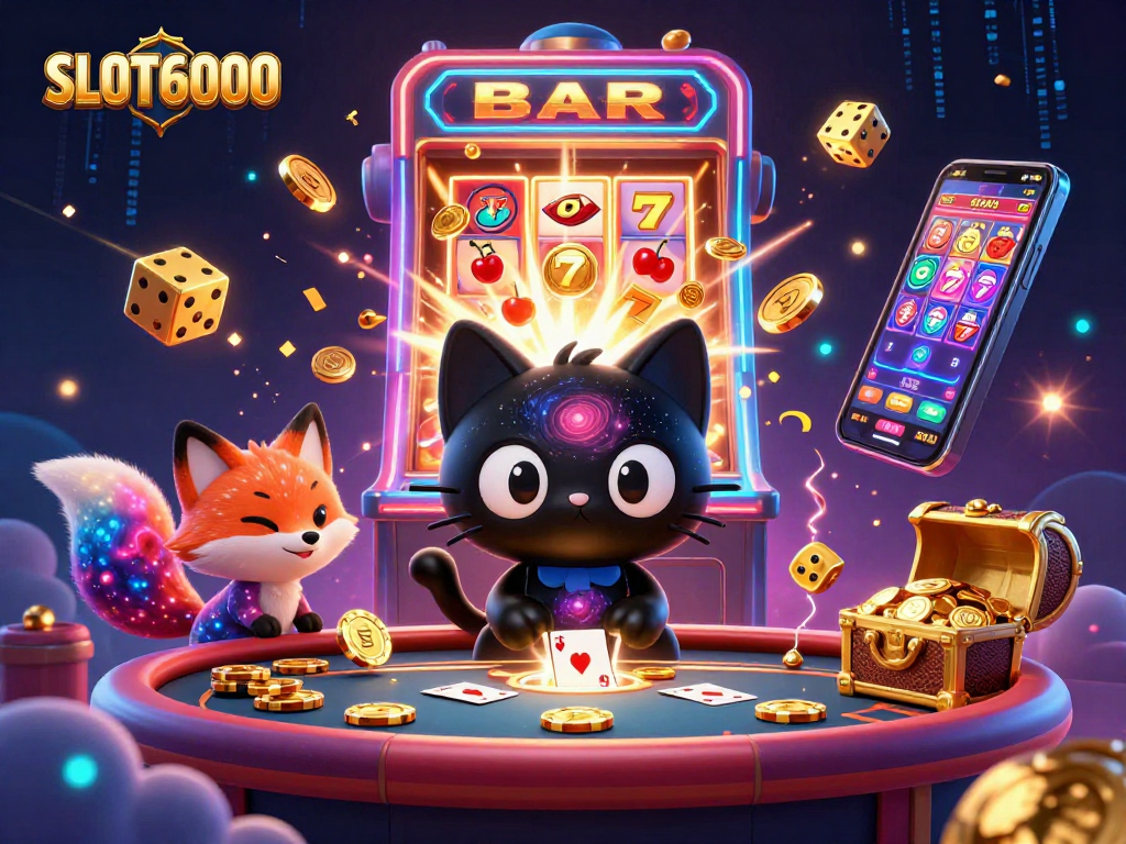 Play with SLOT6000 at an energetic cosmic casino with vibrant characters and exciting game elements.