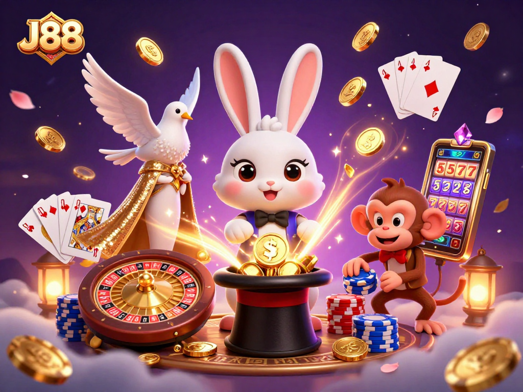 Experience the magic of J88 with a magician rabbit, coins, and casino excitement!