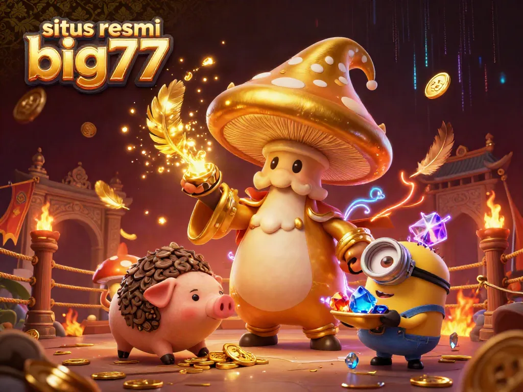 Experience the magic of situs resmi big777 with golden mushroom wizard and treasure-hunting pig in a rich casino scene.