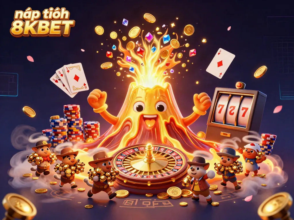 Experience the thrill of nạp tiền 8KBET with a lively 3D volcano erupting treasures.