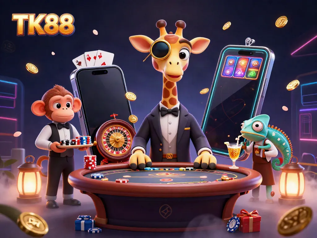Engage in exciting slots and poker action at TK88, featuring vibrant characters and dynamic casino elements.