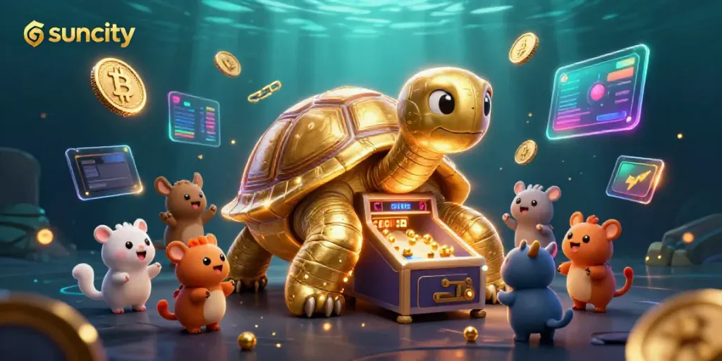 Suncity casino action featuring a golden tortoise pinball machine and excited players.