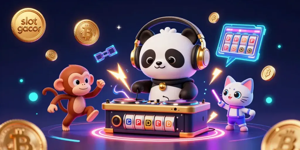 Experience slot gacor excitement as a DJ panda and friends create a vibrant casino atmosphere.