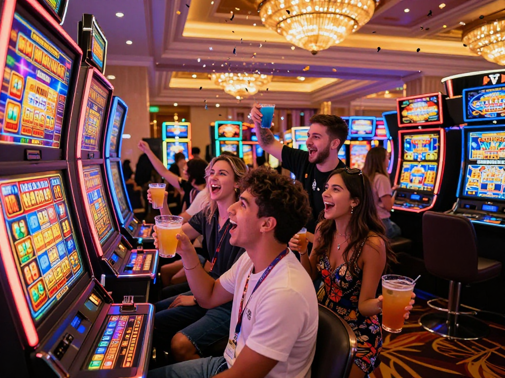 Friends celebrating after winning a slot jackpot in a vibrant casino.