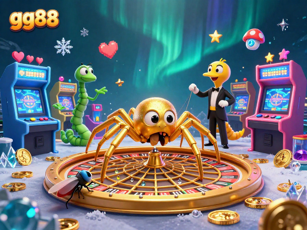Place bets at gg88 with this immersive 3D illustration depicting a roulette wheel web and bustling game elements.