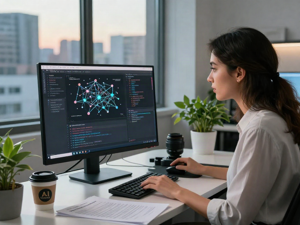 NSFW AI development scene with a data scientist coding on a monitor in a modern office.
