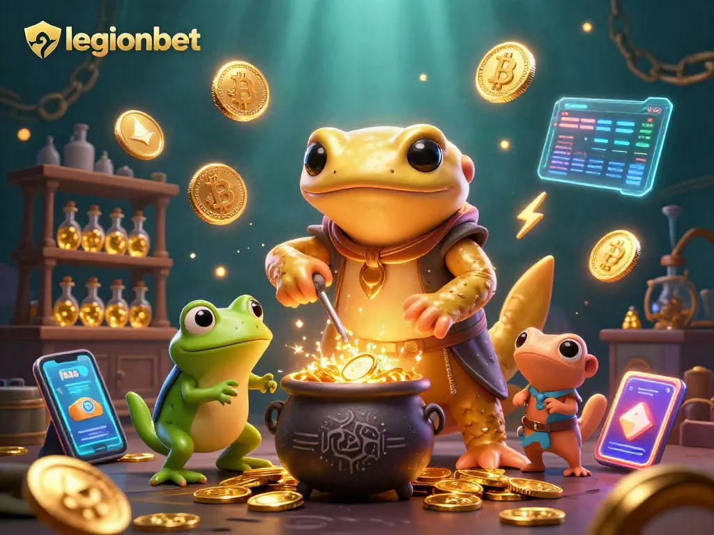 Experience winning at legionbet with a vibrant 3D illustration of an alchemist creating gold coins.