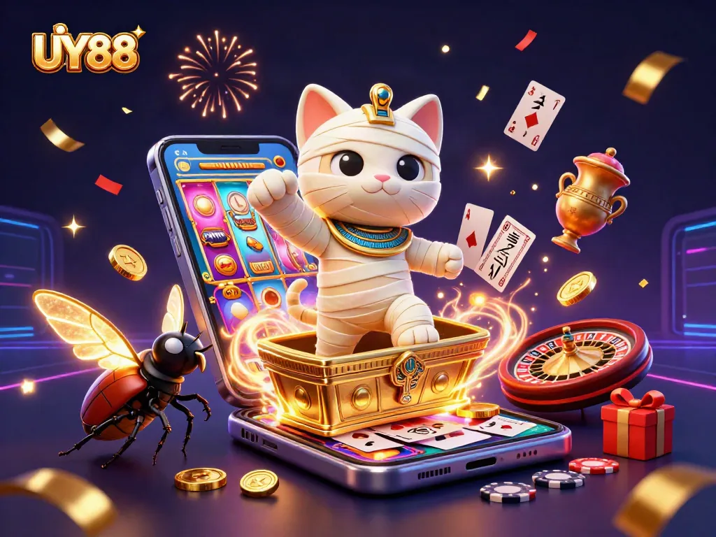 Experience UY88's thrilling slot games with a vibrant mummy cat and scarab beetle in a casino.