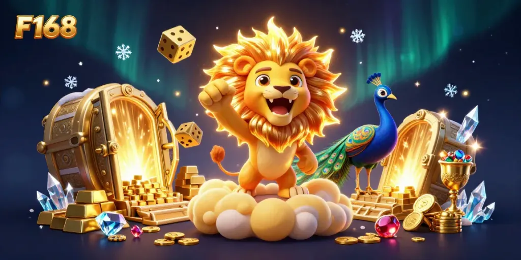Experience thrilling gameplay with F168's vibrant casino scene featuring a roaring sun lion and golden treasures.