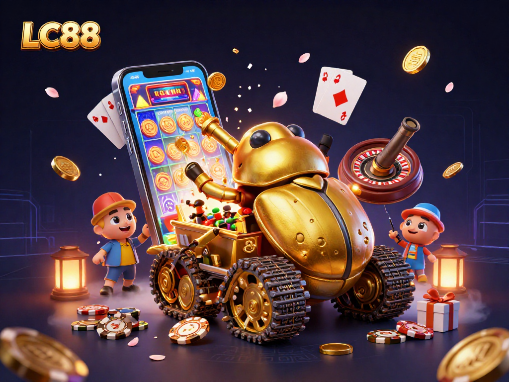 Experience exhilarating gaming action with LC88, featuring a golden beetle tank casino scene bursting with winning elements.