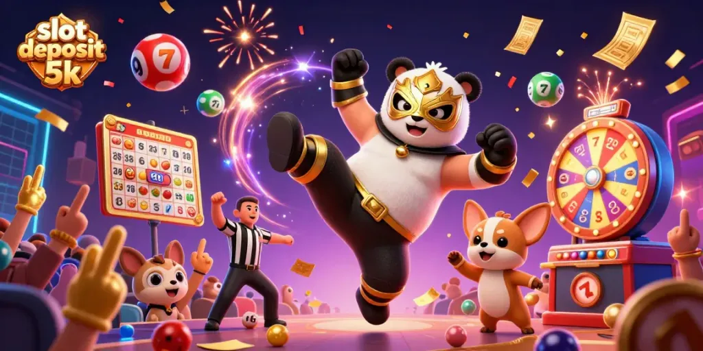 Experience thrilling action with slot deposit 5k as a panda wrestler kicks his way through a lively casino scene.