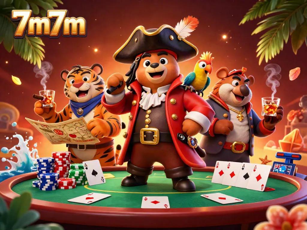 Experience thrilling poker action with 7m7m as a pirate bear leads a fierce gambling adventure.